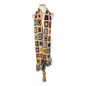 Lucky Brand Acrylic Crochet Scarf Granny Squares Long Fringe Colorful